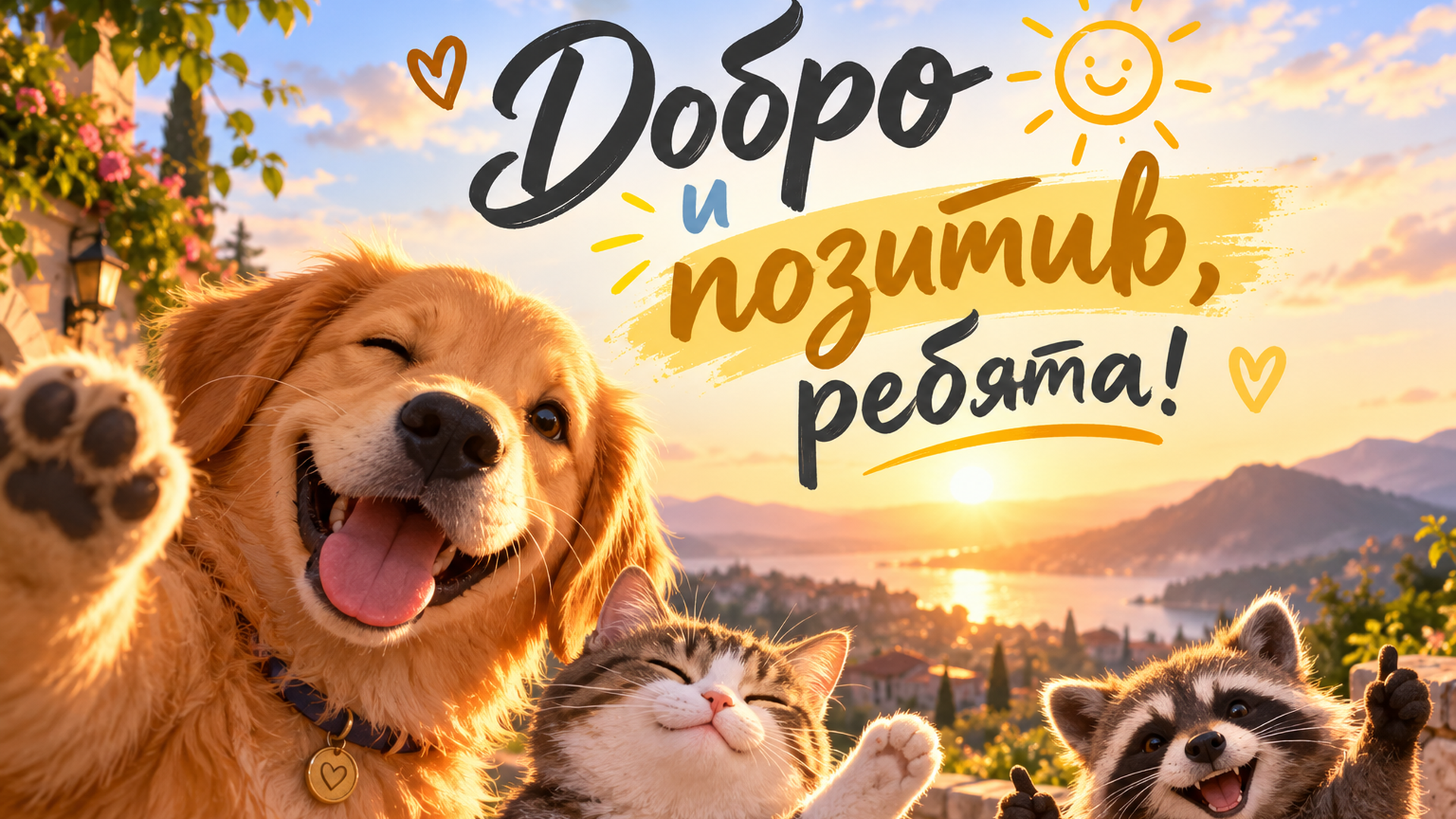Добро и позитив, ребята! Весёлые собака, кот и енот на фоне заката.